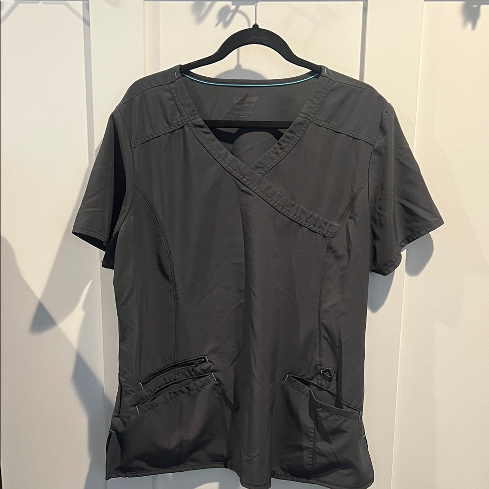 Charcoal Gray Scrub Top Women’s large with Teal Trim